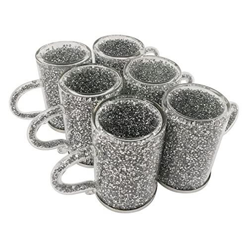 Silver Crystal Glass Coffee Mug Set Of 6, Mug Cup Sets Coffee Cup Cappuccino Cup Juice Cup, 6.7Oz, Filled With Sparkly Crystal Crushed Diamonds, Bling Kitchen Table Top Home Decors For Mug Rack #TOP5