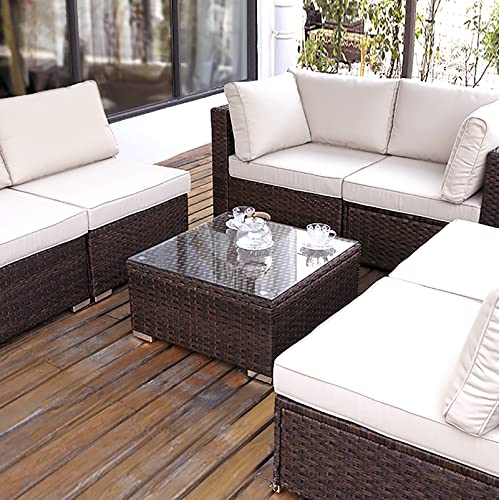 DIMAR GARDEN Outdoor Coffee Table – Wicker Patio Side Table with Glass Top, 25.2in Mixed Brown Finish - Image 6