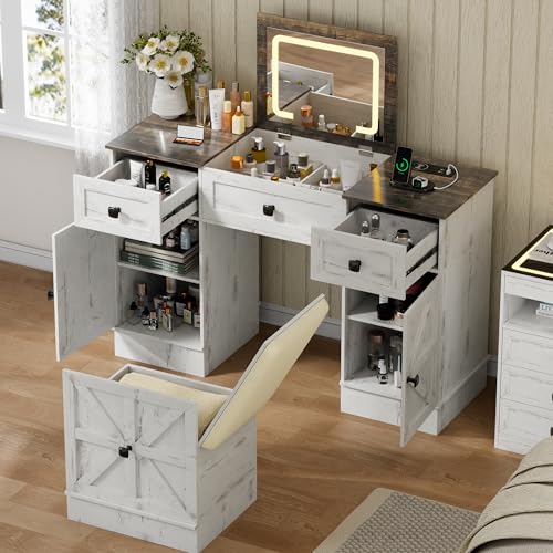 Lvifur 3 in 1 Farmhouse Vanity Desk with Mirror and 3-Color Lights, 47.2" W Makeup Vanity Set with Charging Station,Compact Vanity with 3 Drawers, Adjustable Shelves & Padded Stool(Dark Rust