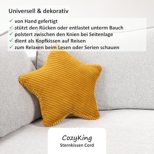 CozyKing Sternkissen Cord Gold Deko-Kissen Breitcord Kuschelkissen Stern Öko-Tex 100 Zertifiziert und 40°C waschbar - Sternenkissen für Sofa, Wohnzimmer oder Kinder-Zimmer - 38x38x14 cm