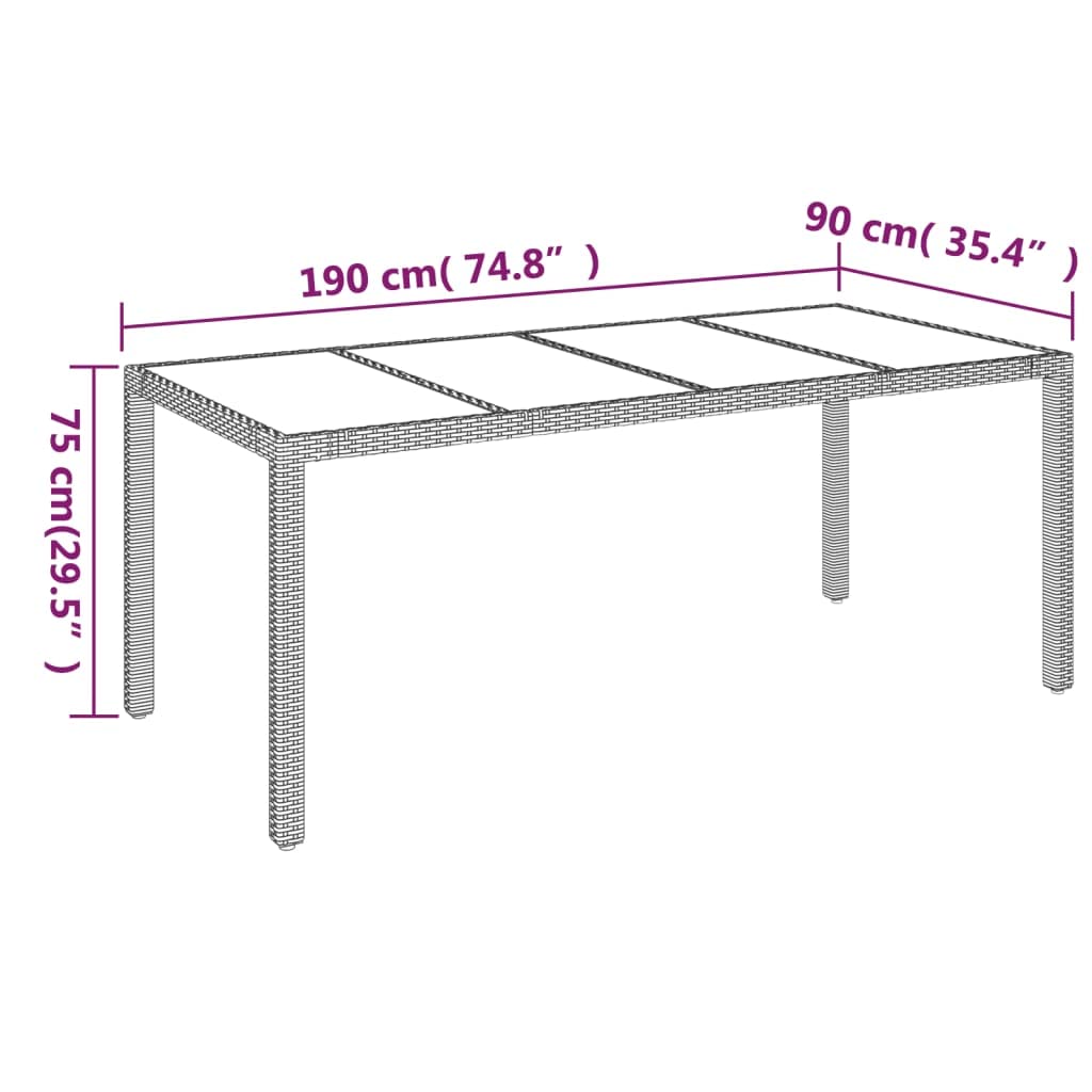 Mesa de jardín de polirratán, color negro, 190 x 90 x 75 cm | Placa de cristal templado, marco de acero con recubrimiento en polvo, resistente al agua, fácil de limpiar, para terraza