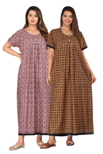 Image of Kuruti B Sheets Nighty for Women Cotton Combo (Pack of 2 Pcs) Nighty Gown Round Neck Short Sleeves Free Size