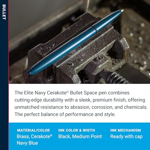 Image of Fisher Space Pen Elite Navy Blue Cerakote Finish Bullet Pen, Pressurized Ballpoint Pen, Compact Size, Writes Upside Down, Extreme Temperatures, Black Ink, Medium Point, Made in the USA