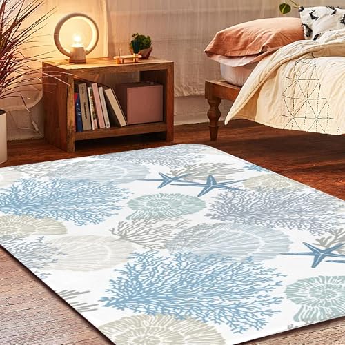 Coastal Beach 5x7 Area Rugs for Living Room, Bedroom, Entryway, Dining & Office - Shell Starfish Coral Washable Non-Slip Low-Pile Floor Mat - Image 6