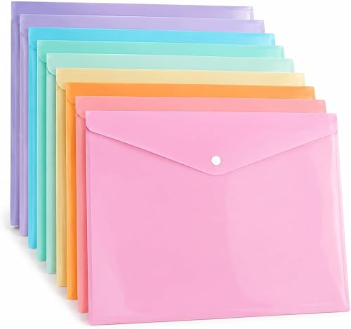10PCS A4 Plastic Document Envelope Folders, Snap Button File Bags, Assorted Colors, 32 x 24cm