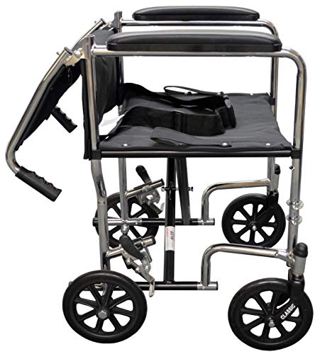 Alco 20" Heavy Duty Chrome Transport Wheelchair (300 Lb. Weight Capacity) With Fixed Arms, Swing Away Footrests With Heel Loops And Black Nylon Upholstery, Seat Belt Included #TOP5