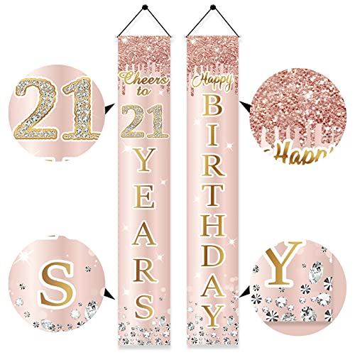 Image of 21st Birthday Door Banner Decorations for Her, Pink Rose Gold Happy 21 Birthday Door Porch Backdrop Party Supplies, Happy Birthday Cheers to 21 Years Sign Decor