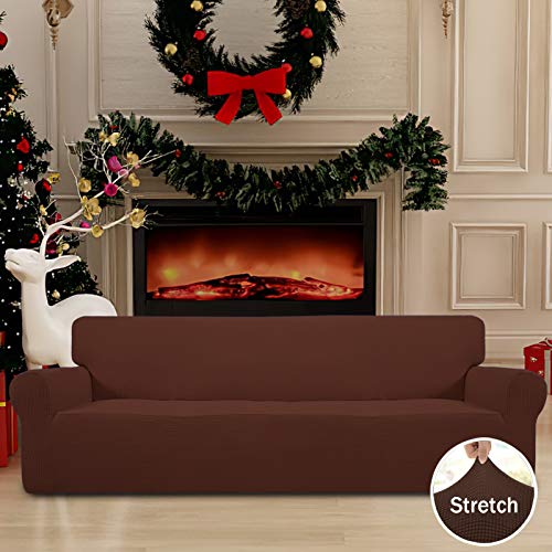 Image of Easy-Going Stretch 4 Seater Sofa Slipcover 1-Piece Sofa Cover Furniture Protector Couch Soft with Elastic Bottom for Kids, Polyester Spandex Jacquard Fabric Small Checks Coffee