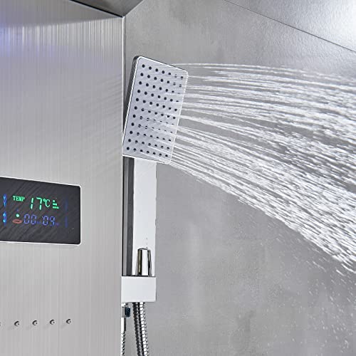 Panel de ducha de lluvia en acero inoxidable con luces LED, sistema de torre con chorros de masaje corporal miniatura 7