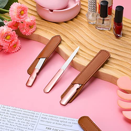3 Pieces Stainless Steel Nail Files With Leather Case, Double Sided Metal Nail Files With Anti-Slip Handle, Metal Nail File Buffer Manicure Pedicure Tools For Fingernail Toenail (Rose Gold) #TOP4