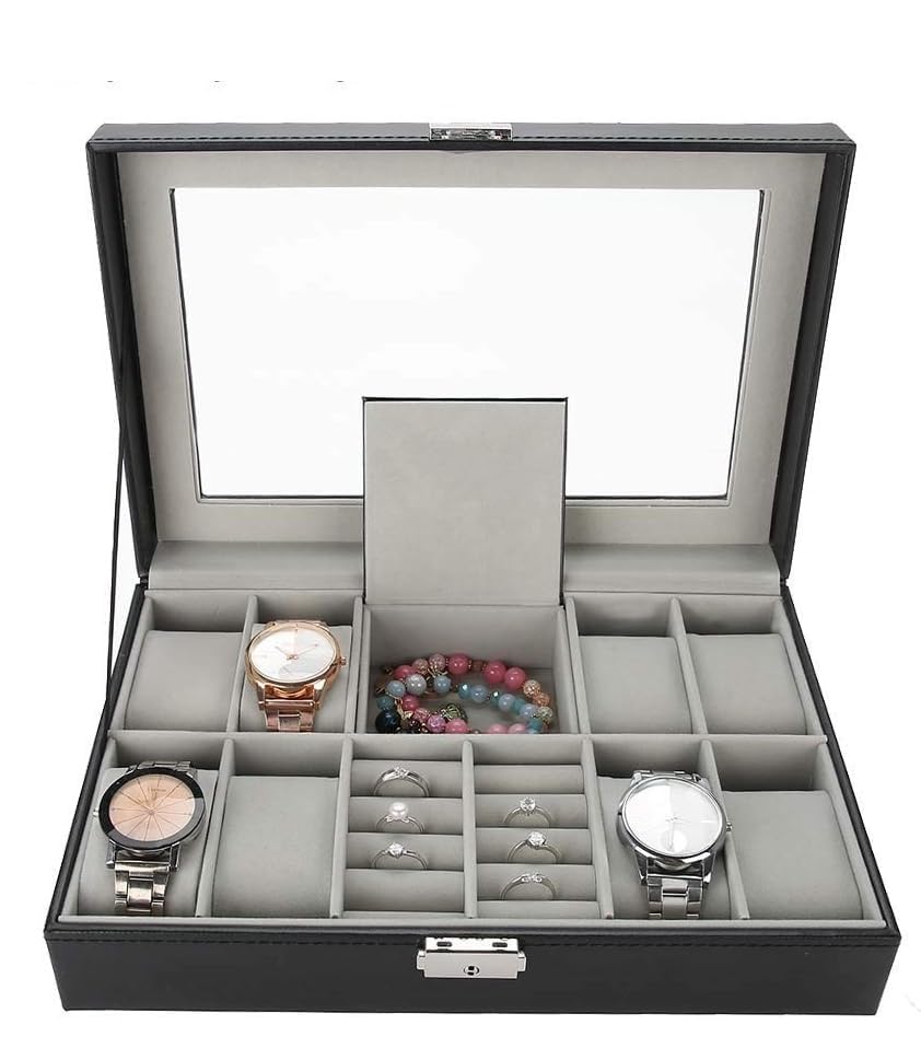 BucketList Jewelry Organizer Watch Box - Display Container with 8+2 Slots Grids for Ring Stud Earrings - Watches Storage Faux Leather Case with Transparent Top Cover - Watch Holder (B0CDM5S32H) Amazon Price History, Amazon Price Tracker