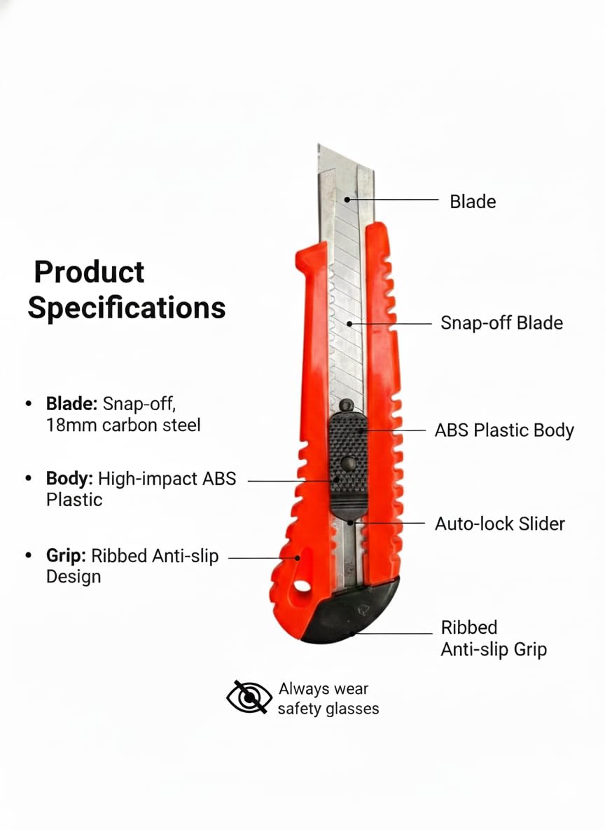 AMMK POWER TOOLS Utility Knife - Retractable Box Cutter with 18mm Wide Sharp Blade | Smooth Auto-Lock Mechanism for Cutting Cartons, Cardboard & Boxes | Perfect for Office & Home Use 1