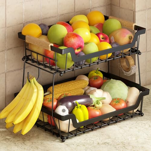 GILLAS 2 Tier Countertop Fruit Basket with 2 Banana Hangers for Kitchen, Detachable Metal Organizer for Bread Vegetable Fruits with Wooden Handle, Large Capacity Rectangular Storage Stand Bowls, Black