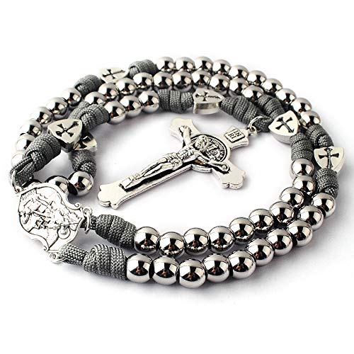 HanlinCC Large and Heavy Stainless Steel Beads Rugged Durable Paracord Rosary Necklace for Men with St.Michael Center Piece and St.Benedict Crucifix3