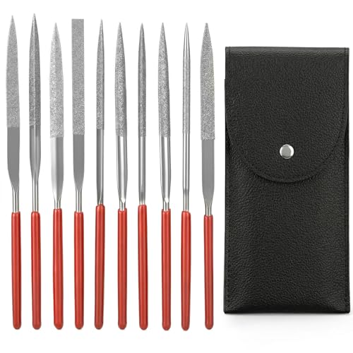 Image of 11 Pcs Mini Diamond Needle File Set Small Metal Riffler Files Jewelers File Precision Hand Tools with Leather Case for Glass Wood Stone Jewelry Plastic Carving Round Triangular Square Flat Shape