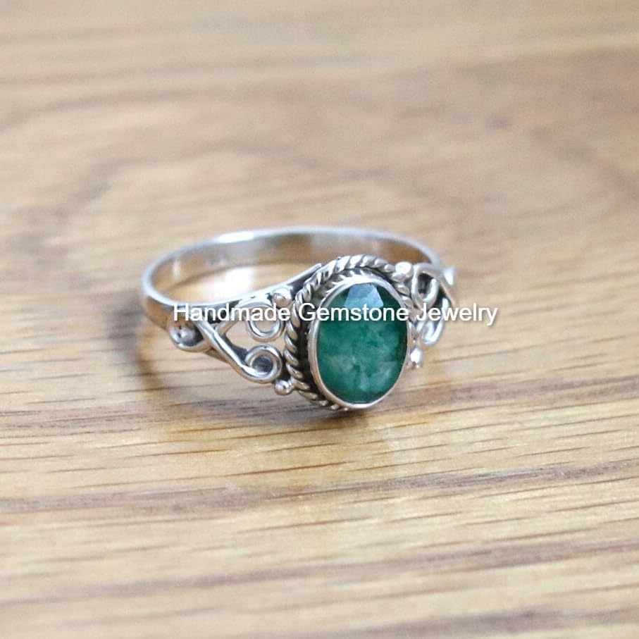 Vintage Inspired Oval Emerald Ring - Created Green Gemstone Statement Wedding Jewelry, 925 Sterling Silver, Trendy Raw Stone Design, Size 6-8