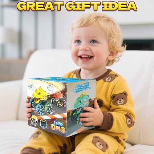 Intoypad Red Chomping Dino Monster Truck Toy &ndash; Press and Go Car with LED Light Wheels &ndash; Light-Up Push Car for Toddlers Boys Girls Ages 2 3 4 5 &ndash; Dinosaur Toy with Moving Mouth Action
