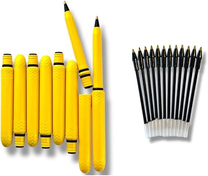 Pokka Yellow Pen 8-Pack with 12-Pack of ink refills - USA Made Pocket Pen with refillscompact, affordable, lightweight, EDC black ink ballpoint penwaterproof, floatscarries small, writes big