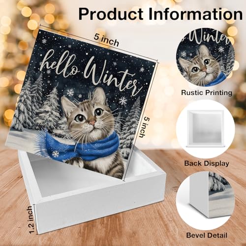 Image of Winter Cat Decor, Hello Winter Wood Box Sign, Seasonal Christmas Holiday Home Office Decorations for Desk Table Shelf 5 X 5 Inches