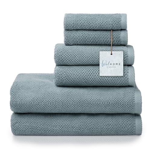 Welhome Franklin 100% Cotton Popcorn Textured Towel Set - 6 Piece 600 GSM, Soft & Plush, 2 Bath Towels, 2 Hand Towels, 2 Washcloths, Dusty Blue