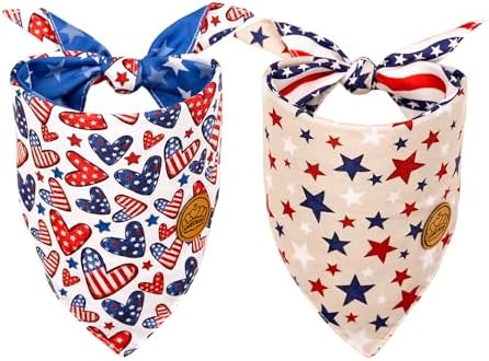 CROWNED BEAUTY 4th of July Patriotic Dog Bandanas Reversible Large 2 Pack, American Hearts Set, Stars Adjustable Triangle Holiday Scarves for Medium Large Extra Large Dogs Boy Girl Pets DB120-L