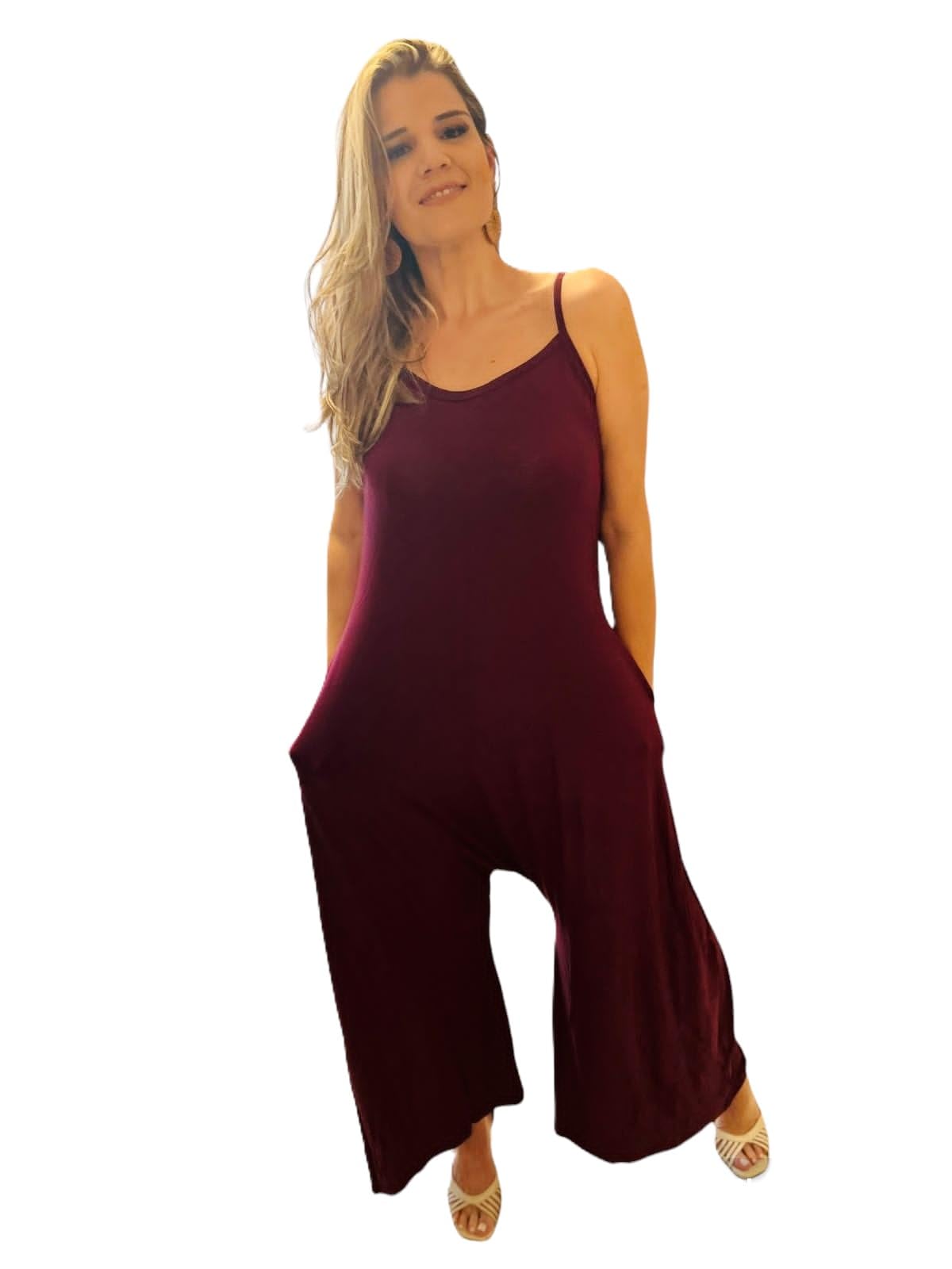 Macacão Feminino Longo com Alças, Casual, Pantalona Larga com Bolsos, para Verão