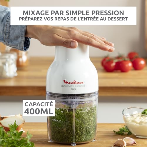 Moulinex Hachoir électrique 400 ml 4 lames Fonctions 3 en 1 Emince Hache Mixe Système de pression simple Moulinette Essential DJ520110 - vue 3