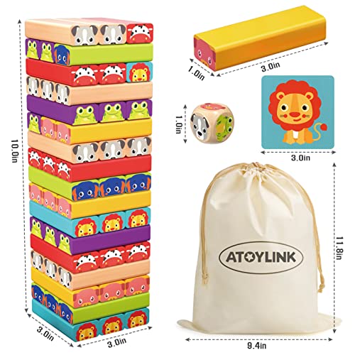 Atoylink Wooden Stacking Board Game For Kids 4-8, 51 Pieces Colorful Wooden Blocks With 24 Animals Cards Tumble Tower For Family Game Night Toddler Boys Girls Gifts #TOP6