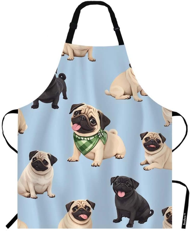 Pug Puppies Series Kitchen Apron Collection of Cute Animal Pet Different Emotions Blue Cooking Bib Apron for Chef Restaurant Home Cleaning Serving Painting 27" X 31"