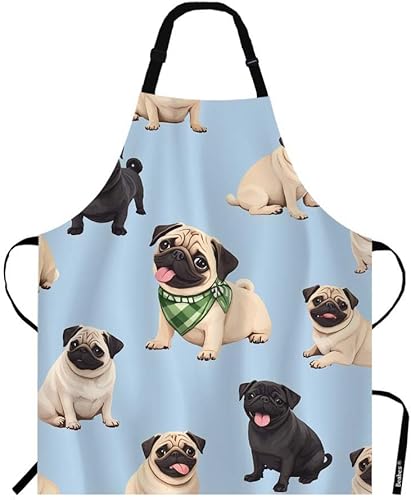 Pug Puppies Series - Delantal de cocina con diseño de animales lindos y diferentes emociones, delantal azul para cocinero, restaurante, limpieza del