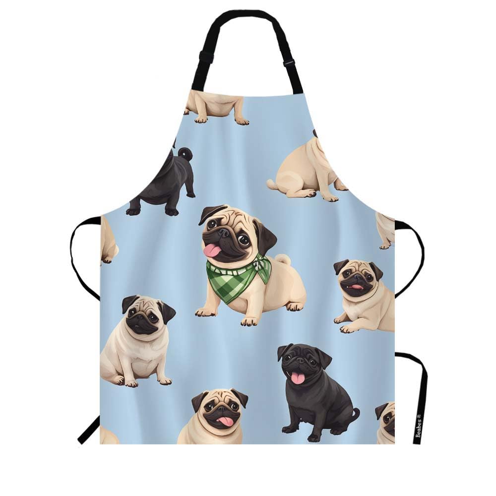 Pug Puppies Series Kitchen Apron Collection of Cute Animal Pet Different Emotions Blue Cooking Bib Apron for Chef Restaurant Home Cleaning Serving Painting 27" X 31"