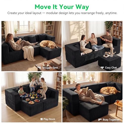 Image of MONVANE 103'' Oversized Boneless Sectional Couches for Living Room, 4-Seat L Shaped Cloud Couch, Modular Sofa with Ottoman & 4 Throw Pillows, Comfy Chenille, No Assembly Required, Black