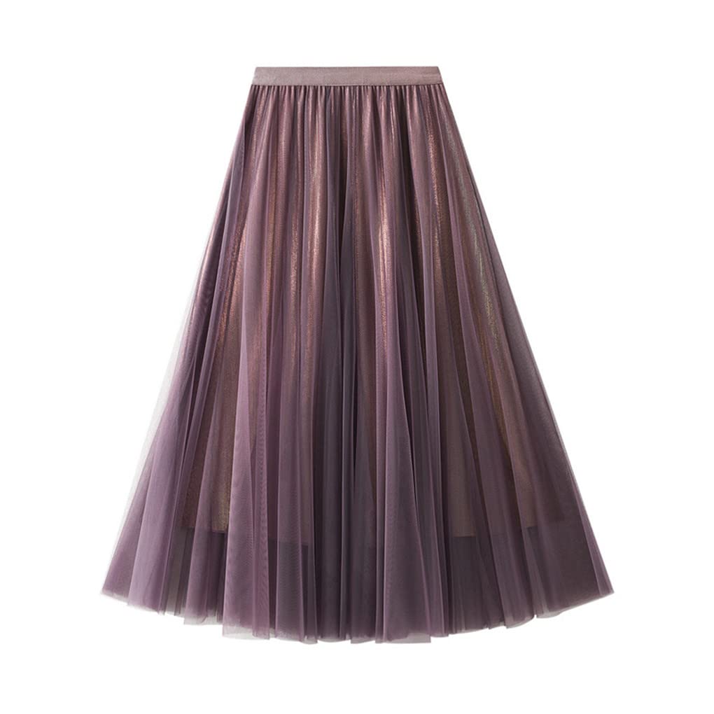 Dninmim Gonna a trapezio vintage da donna, a vita alta, in rete blu, viola, per feste di ballo e feste