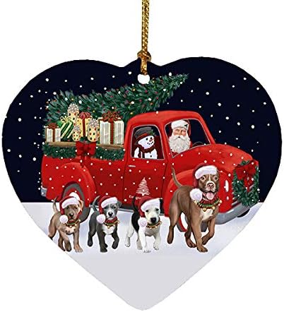 Christmas Express Delivery Red Truck Running Pitbull Dogs Heart Christmas Ornament RFPOR58109