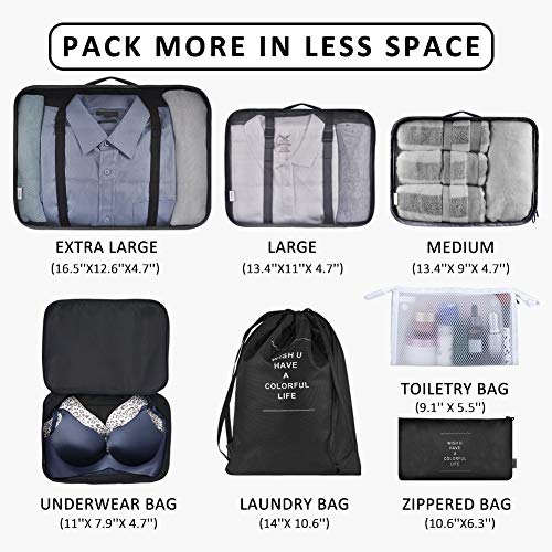 Packing Cubes 7 Pcs Travel Luggage Packing Organizers Set With Toiletry Bag (Black) #TOP3