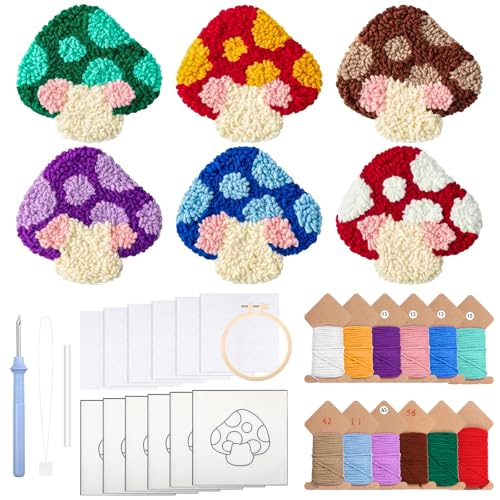 Mushroom Punch Needle Coaster Kit, 6Pcs Pattern Tufted Rug Pads, Coaster Punches Needles Kits with...