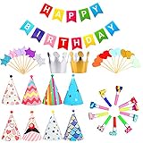 🎂【Höhe Qualität】Diese Kegel Partyhut und Kronen bestehen aus hochwertigem Papiermaterial, sind stark und langlebig. Verwenden Sie Farbdruck, nicht leicht zu verblassen, sicher und ungiftig, recycelbar und kann für viele Male verwendet werden.