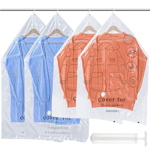 Sacos a vácuo para roupa com cabide, 4 embalagens (2 longas 135 x 70 cm e 2 curtas 110 x 70 cm) sacos de compressão transparentes e reutilizáveis para pendurar roupas, espaço e organização no armário