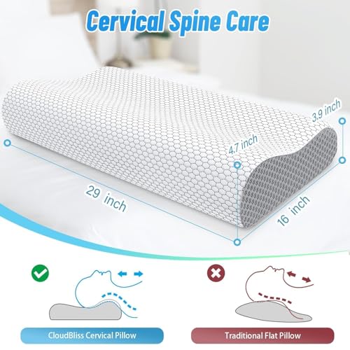 Image of CloudBliss Memory Foam Pillow, Ergonomic Neck Contour Cervical Pillow for Back and Shoulder Pain, Orthopedic Pillow for Neck Pain Relief, for Sleeping Side, Back, Stomach Sleepers - Grey, Queen