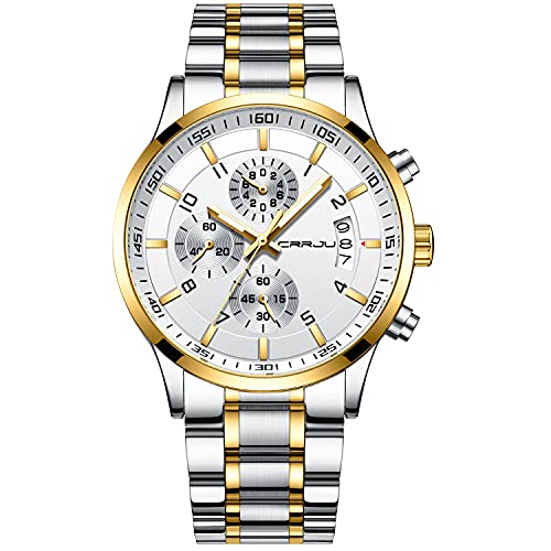 CRRJU Men's Fashion Stainless Steel Watches Date Waterproof Chronograph Wristwatches,Black Steel Band Waterproof Quartz Watch for Men silver gold whit