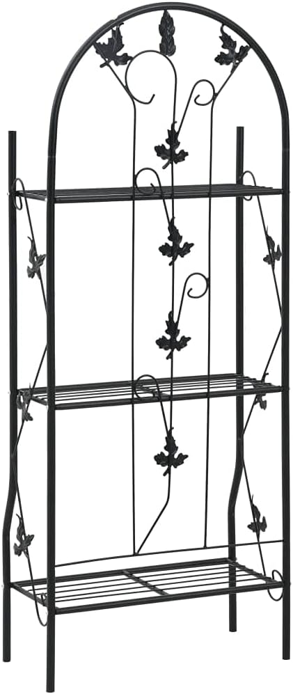 3-Tier Plant Rack, Black Powder-Coated Iron, Medium Decorative Leaf Inlays, 11x20.5x50.4 Inch, Indoor Outdoor Flower Pot Display Shelf for Balcony, Patio, Garden