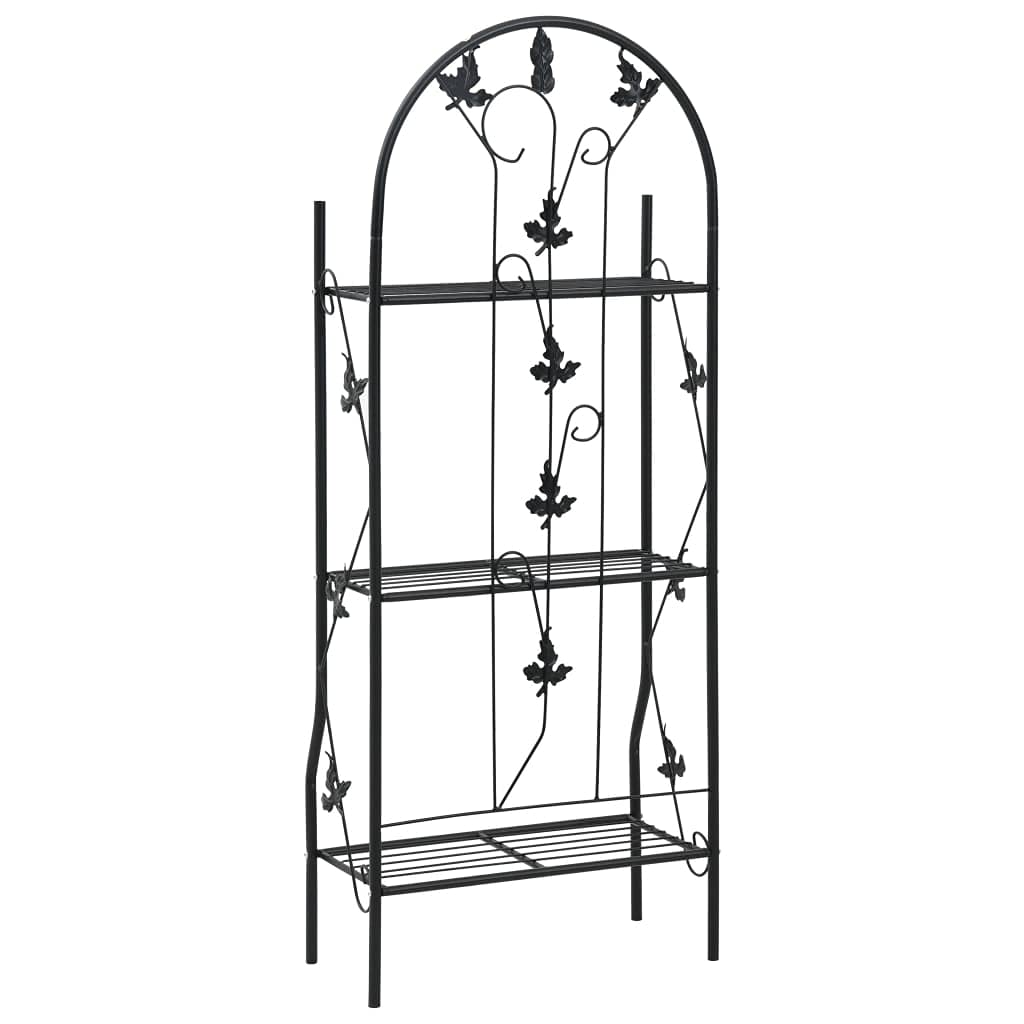 3-stufiges Pflanzenregal Schwarz 52x28x128 cm Eisen | Wetterbestaendige Epoxidharz-Beschichtung, Blattverzierung, Einfache Montage, Fuer Balkon Terrasse Garten