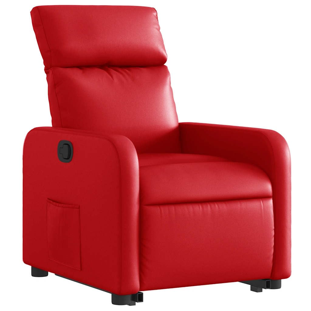 Sillón elevador reclinable con elevación eléctrica y respaldo manual, color rojo de piel sintética, estructura estable de madera y metal, bolsillo lateral, asiento acolchado