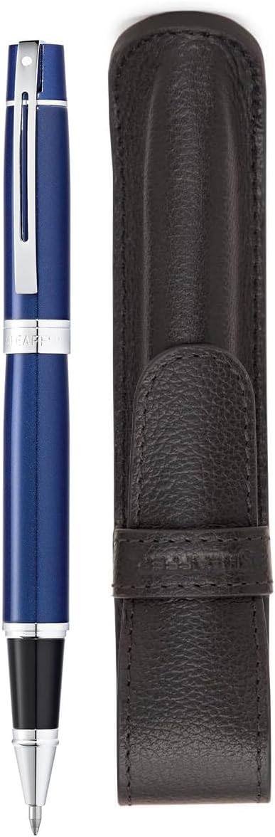 Sheaffer 300 Glossy Blue Pen with Chrome-Plated Trim and Matching Pouch gift Set (Rollerball)