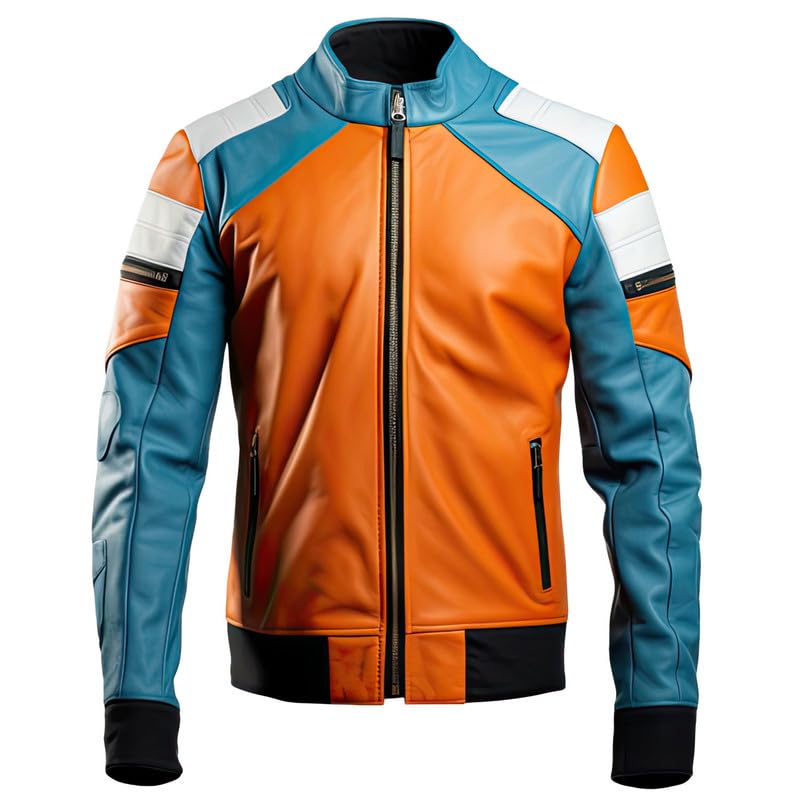 Men’s Orange & Turquoise Leather Jacket – Sheepskin Biker Style Streetwear-Inspired Moto Jacket