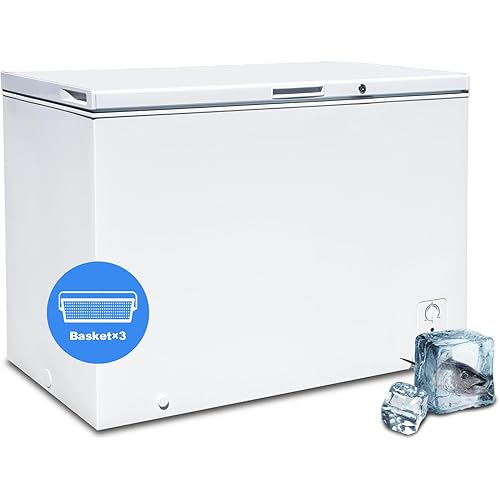 Chest Freezer 10.5 Cu.Ft, Deep Freezer with Adjustable Thermostat & 3 Removable Basket, 4 Wheels, Lock, Freestanding Top Open Door Freezer for Home, Garage, Basement, White