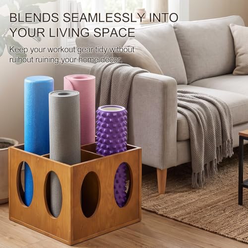 Image of Sintuff Vintage Wood Yoga Mat Holder Storage Organizer Floor Standing Foam Roller Holder Rack for Home Yoga Mats Gym Sports Exercise Accessories Dumbbell Resistance Bands