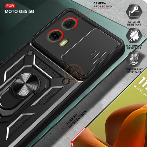 Image of Armor Bumper Back Cover Case for Motorola Moto G85 5G Rotating Camera Cover, Ring Holder & Kickstand | Heavy Duty & 360 Degree Protection Motorola Moto G85 5G Back Cover (Black)