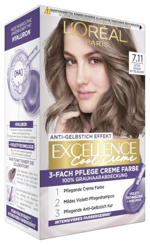 LOréal Paris Permanente Haarfarbe mit ultra kühlem Farbergebnis 100% Grauhaarabdeckung Set mit Coloration Shampoo und Pflegecreme Excellence Cool Creme Nr. 7.11 Ultra kühles Mittelblond (Blond)