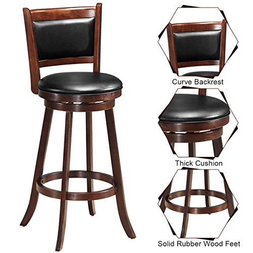 Costway Bar Stools Set Of 2, 360 Degree Swivel, Accent Wooden Swivel Seat Bar Height Stool, Leather Upholstered Design, Pvc Cushioned Seat, Perfect For Dining And Living Room (Height 29") #TOP4